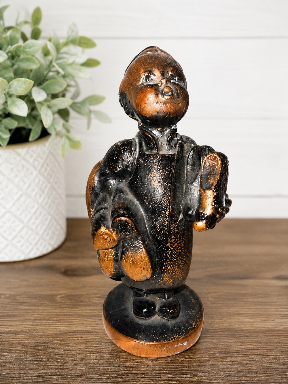 Vintage Cast Metal Boy Figurine Holding Boots Copper & Black Finish Rustic Folk